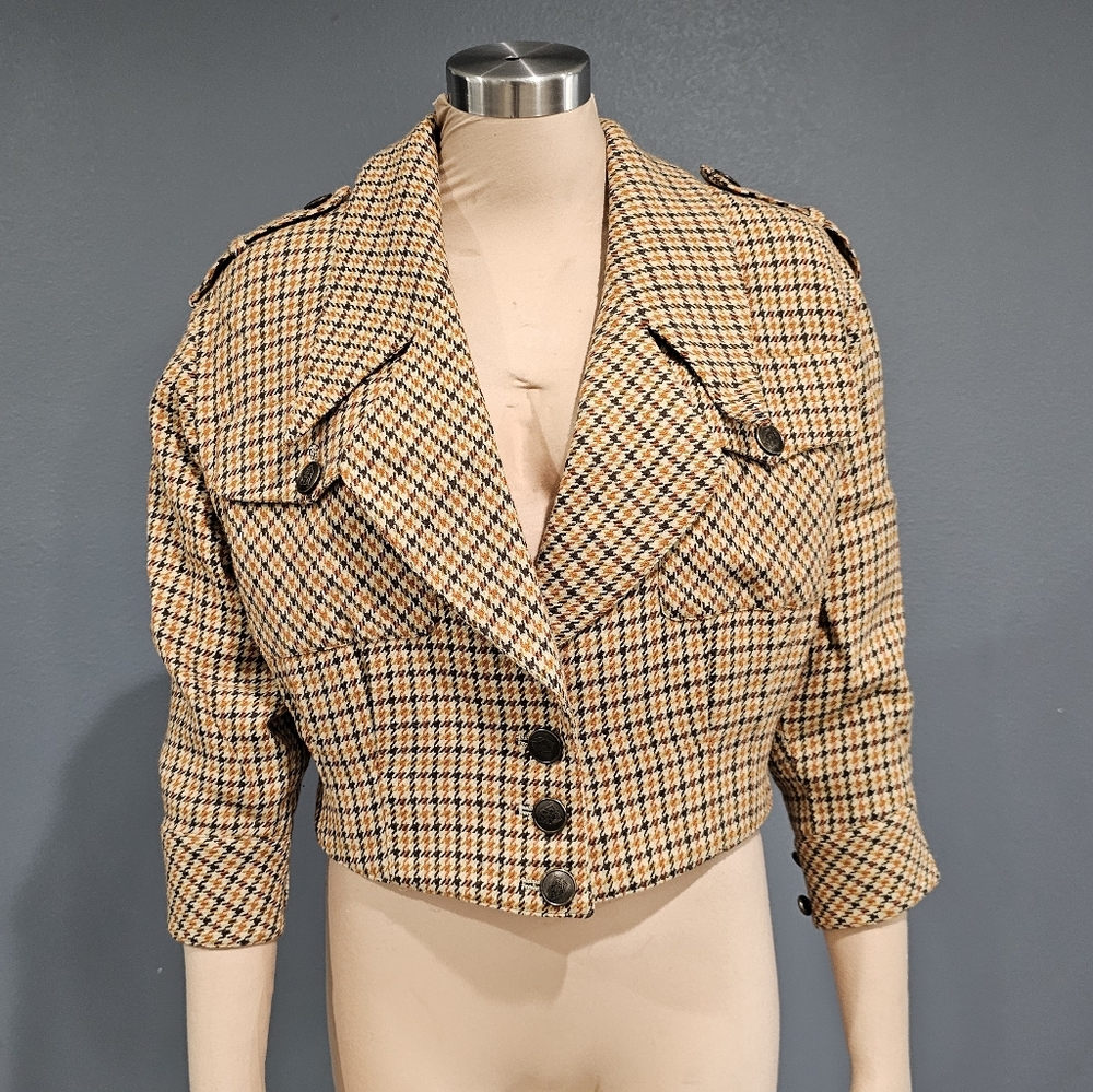 ATELIER SAB Women Wool Houndstooth Cream Brown Orange Cropped Jacket M/L